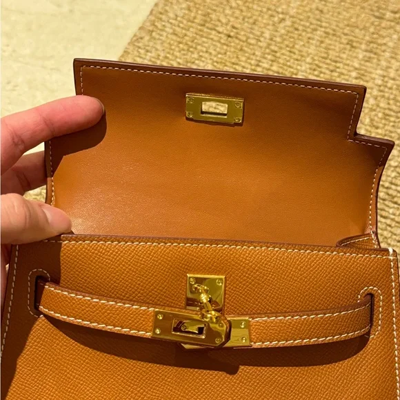 Caramel brown Leather Mini Kelly Style Handbag - Picture 3 of 9